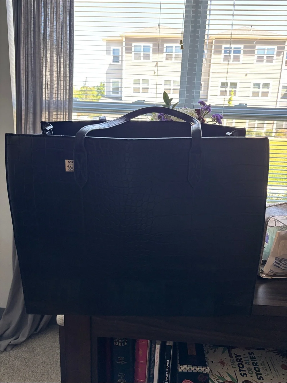 BEIS Large Black Croc-Embossed Tote with Top Handles - Picture 1 of 3